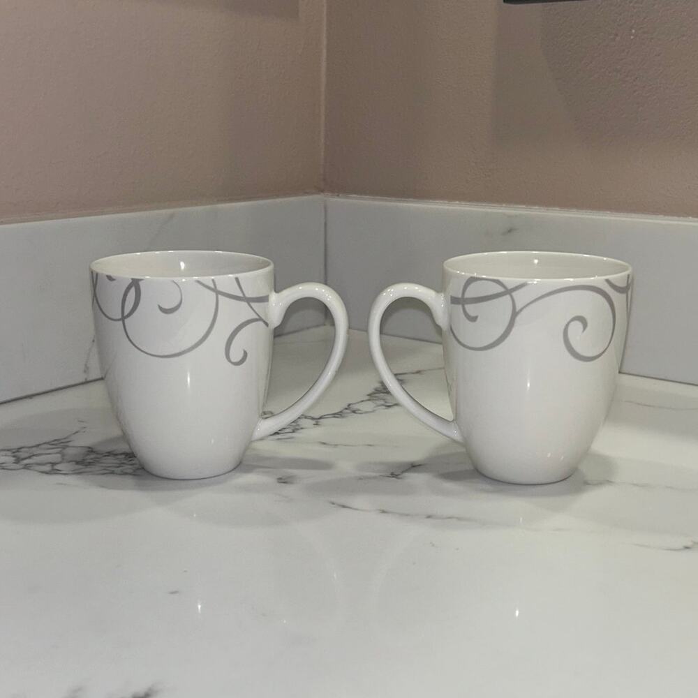 Oneida Symphony Grey Porcelain China Mugs Set of Gray Swirl Design 12 oz - Picture 2 of 7